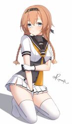 1girl aticsanir black_headband black_sailor_collar blue_eyes blush braid breasts brown_hair clothes_writing corset grey_eyes hachimaki hair_ornament hairband headband highres kantai_collection kneeling long_hair looking_at_viewer neckerchief open_mouth propeller_hair_ornament sailor_collar school_uniform serafuku shadow smile solo teruzuki_(kancolle) thighhighs twin_braids white_background white_thighhighs yellow_neckerchief