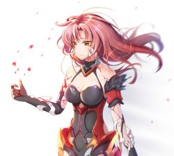 Rule 34 | 1girl, armored leotard, asymmetrical gloves, black gloves, breasts, cleavage, closed mouth, earrings, gloves, honkai (series), honkai impact 3rd, jewelry, leotard, mismatched gloves, mole, mole on breast, murata himeko, murata himeko (vermillion knight), petals, red hair, ryuji nogito, simple background, single earring, smile, solo, white background, yellow eyes