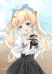 Rule 34 | 1girl, :d, absurdres, alternate costume, beach, black skirt, blonde hair, blue bow, blush, bow, can, capelet, commentary request, company name, cowboy shot, day, green eyes, hair between eyes, hair bow, hair intakes, hair ornament, hands up, happy, head tilt, high-waist skirt, highres, holding, holding can, huge bow, key (company), long hair, long sleeves, looking at viewer, miraikanai, ocean, open mouth, outdoors, raised eyebrows, ringed eyes, shirt, sidelocks, skirt, smile, solo, summer pockets, translation request, tsumugi wenders, twintails, very long hair, white capelet, white shirt, x hair ornament