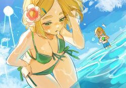 1girl ball bare_arms bikini blonde_hair blue_male_underwear blush braid breasts cleavage crown_braid didi_en_ilu flower green_bikini green_eyes hair_flower hair_ornament hairclip half-closed_eyes hand_in_own_hair hand_on_own_hip highres holding holding_ball leaning_forward link looking_at_another male_underwear medium_breasts midriff nintendo ocean parted_bangs parted_lips partially_submerged pointy_ears princess_zelda short_hair sidelocks sketch string_bikini sun swimsuit the_legend_of_zelda the_legend_of_zelda:_tears_of_the_kingdom thick_eyebrows thigh_gap topless_male underwear wet