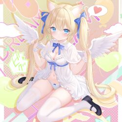 1girl absurdres angel_wings animal_ears black_shoes blonde_hair blue_bow blue_bowtie blue_eyes blue_panties blue_ribbon bow bow_panties bowtie breasts capelet cat_ears cleavage closed_mouth dot_nose dress feathered_wings frilled_capelet frilled_dress frills full_body hair_ribbon heart highres holding holding_own_hair long_hair looking_at_viewer mary_janes medium_breasts navel original panties ribbon shoes sidelocks sitting solo spoken_heart striped_clothes striped_panties thighhighs thighs underwear very_long_hair wariza white_capelet white_dress white_panties white_thighhighs white_wings wings yakitori_mts7