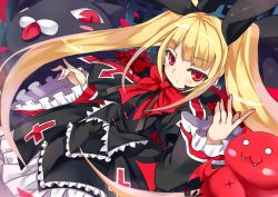 1girl :3 black_dress blazblue blonde_hair blush bow cat creature dress expressionless frills gii kiyoichi kiyoichi_(acacia_soukyoukai) long_hair nago rachel_alucard red_eyes ribbon twintails