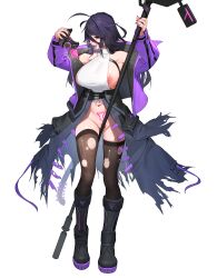 1girl absurdres ahoge beeeeen black_hair black_thighhighs breasts full_body hela_(last_origin) highres holding holding_gag holding_staff huge_breasts jacket last_origin leotard long_hair looking_at_viewer nipples open_clothes open_jacket open_mouth pubic_tattoo purple_jacket pussy_juice saliva simple_background solo staff tattoo thighhighs tongue tongue_out torn_clothes torn_leotard torn_thighhighs white_background white_leotard