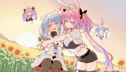 2girls blue_eyes blue_hair blush body_switch bra_over_clothes braid breasts carrot_hair_ornament center-flap_bangs cleavage clothing_cutout driving flower_field food-themed_hair_ornament fur-trimmed_gloves fur_scarf fur_trim gloves hair_ornament heart hololive hololive_dev_is hug kikirara_vivi large_breasts long_hair looking_at_another multicolored_hair multiple_girls nekonui open_mouth own_hands_together pantyhose personality_switch pink_hair purple_arm_warmers purple_hair purple_sleeves rabbit_ears rabbit_girl shorts shoulder_cutout sunflower sunflower_field sunlight sunset thigh_cutout thighhighs twin_braids twintails two-tone_hair usada_pekora usada_pekora_(1st_costume) very_long_hair virtual_youtuber