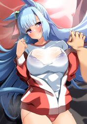 1girl 1other alternate_costume animal_ears bed blue_hair blush bra braid breasts buruma commentary_request crown_braid gym_uniform highres holding_hands horse_ears horse_girl horse_tail jacket komb large_breasts mejiro_ardan_(umamusume) open_mouth pov pov_hands purple_eyes solo_focus sweat tail track_jacket umamusume underwear wet