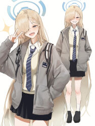 1girl absurdres asuna_(blue_archive) backpack bag black_skirt blonde_hair blue_archive blue_eyes blue_halo blue_necktie breasts cardigan diagonal-striped_clothes diagonal-striped_necktie ggz_(gguzal_95) grey_cardigan grin hair_over_one_eye halo highres long_hair necktie open_mouth shoes skirt smile sparkle striped_clothes striped_necktie sweater v yellow_sweater