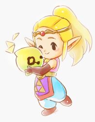 1girl blonde_hair brown_gloves circlet closed_mouth gloves hashtag-only_commentary high_ponytail highres nintendo one_eye_closed pointy_ears ponytail princess_zelda simple_background smile takapon-o-ji the_legend_of_zelda the_legend_of_zelda:_echoes_of_wisdom tri_(zelda) triforce triforce_print white_background
