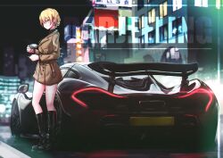 1girl absurdres black_footwear blonde_hair blue_eyes blush braid car closed_mouth coat country_connection darjeeling_(girls_und_panzer) earrings french_braid girls_und_panzer highres jewelry looking_at_viewer mclaren mizzterbii motor_vehicle night one_eye_closed solo standing tea vehicle_focus vehicle_request