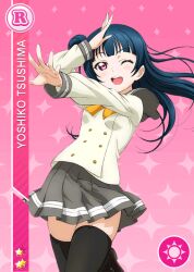 Rule 34 | 1girl, anime coloring, arms up, black socks, black thighhighs, blue hair, blunt bangs, blush, bow, bowtie, brown shoes, buttons, card (medium), cowboy shot, diamond (shape), double-breasted, grey sailor collar, grey skirt, hair bun, leg up, loafers, long hair, long sleeves, looking at viewer, love live!, love live! school idol festival, love live! sunshine!!, miniskirt, official art, one eye closed, open hands, open mouth, palms, pink background, pleated skirt, purple eyes, sailor collar, school uniform, serafuku, shirt, shoes, single hair bun, single side bun, skirt, smile, socks, solo, standing, standing on one leg, star (symbol), teeth, thighhighs, tsushima yoshiko, upper teeth only, uranohoshi school uniform, white shirt, winter uniform, yellow bow, yellow bowtie