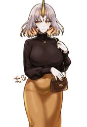1girl alternate_hairstyle bag breasts colored_skin contemporary fire_emblem fire_emblem_heroes grey_hair grey_skin gullveig_(fire_emblem) handbag highres holding holding_bag horns jewelry large_breasts looking_at_viewer multicolored_hair necklace nintendo orange_skirt rotomdocs single_horn skirt smile solo sweater turtleneck turtleneck_sweater two-tone_hair yellow_eyes