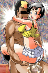 1girl altair_(artist) ass black_hair breasts censored cum dragon_ball held_up miniskirt panties penis pussy sex short_hair skirt sweat takimoto_dojo tank_top underwear upskirt vaginal videl wet white_panties