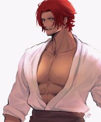 Rule 34 | 1boy, abs, bara, bare pectorals, beard, black eyes, brown pants, connected beard, facial hair, highres, large pectorals, long hair, looking at viewer, male focus, one piece, pants, parted lips, pectorals, red hair, scar, scar across eye, scar on face, shanks (one piece), shirt, solo, toned, toned male, vamos mk, white background, white shirt