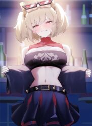 1girl bare_shoulders belt black_jacket black_tube_top blonde_hair blush bottle breasts burnice_white commentary crop_top eyewear_on_head highres jacket large_breasts looking_at_viewer midriff open_clothes open_jacket orange_eyes red-tinted_eyewear skirt smile solo spiked_belt spiked_jacket stomach strapless sunglasses thigh_belt thigh_strap tinted_eyewear tube_top twintails yuzuki3280 zenless_zone_zero