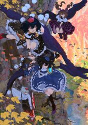 Rule 34 | 4girls, :d, :o, autumn leaves, bird, black hair, black skirt, black socks, black wings, blue dress, blue hat, brown eyes, brown hair, camera, checkered clothes, checkered skirt, closed mouth, collared shirt, commentary request, day, dress, flying, geta, grey hair, hat, highres, himekaidou hatate, holding, holding behind back, holding tripod, iizunamaru megumu, inubashiri momiji, kajatony, leaf, long sleeves, looking at viewer, multiple girls, open mouth, outdoors, pom pom (clothes), puffy short sleeves, puffy sleeves, purple hat, purple shoes, purple skirt, red eyes, red hat, red sandals, red skirt, ribbon-trimmed skirt, ribbon trim, sandals, shameimaru aya, shield, shirt, shoes, short hair, short sleeves, skirt, smile, socks, tengu-geta, tokin hat, touhou, tripod, twintails, white shirt, wide sleeves, wings