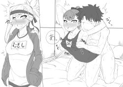 1boy 2girls absurdres araki_jeccy armpits blush breasts clothed_sex fate/grand_order fate_(series) fujimaru_ritsuka_(male) greyscale groping gym_uniform hands_in_pockets headband helena_blavatsky_(fate) helena_blavatsky_(swimsuit_archer)_(first_ascension)_(fate) hetero highres kneeling miyamoto_musashi_(fate) monochrome multiple_girls nude one-piece_swimsuit open_mouth ponytail saliva sex sweat swimsuit teeth text_focus