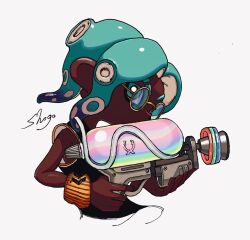 1boy aqua_eyes aqua_hair artist_name bright_pupils commentary_request dark-skinned_male dark_skin eyebrow_cut glasses gun highres holding holding_gun holding_weapon male_focus medium_hair nintendo octoling octoling_boy octoling_player_character round_eyewear shogo_(shogo70449442) signature simple_background solo splatoon_(series) splatoon_3 splattershot_(splatoon) tentacle_hair thick_eyebrows very_dark_skin weapon white_background white_pupils