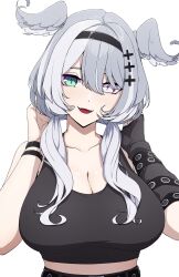 1girl absurdres aqua_eyes black_hairband black_tank_top breasts cleavage commentary cross-shaped_pupils daydarion elira_pendora elira_pendora_(goth) english_commentary fangs fingerless_gloves gloves grey_hair hair_between_eyes hair_ornament hairband hairclip head_wings heterochromia highres huge_breasts large_breasts long_hair looking_at_viewer low_twintails midriff mole mole_on_armpit nijisanji nijisanji_en open_mouth purple_eyes simple_background single_fingerless_glove solo symbol-shaped_pupils tank_top twintails variant_set virtual_youtuber white_background wings