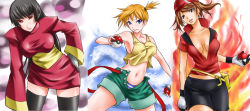 Rule 34 | 00s, 1990s (style), 3girls, bandana, black hair, blue eyes, breasts, brown hair, cleavage, creatures (company), fire, game freak, gym leader, hat, holding, holding poke ball, large breasts, long hair, may (pokemon), misty (pokemon), multiple girls, navel, nintendo, orange hair, panties, poke ball, pokemon, pokemon (anime), pokemon rgby, pokemon rse, red eyes, retro artstyle, rugu, sabrina (pokemon), side ponytail, striped clothes, striped panties, thighhighs, underwear, zettai ryouiki