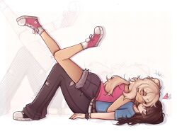 2girls belt black_pants black_shoes blonde_hair blue_shirt bracelet breasts brown_hair cheek-to-cheek class_of_09 closed_eyes commentary couple english_commentary flat_chest girl_on_top gyaru hair_bun heads_together heart highres hug jecka_(class_of_09) jewelry long_hair multiple_girls nicole_(class_of_09) pants pink_shoes pink_tank_top shirt shoes single_hair_bun sneakers spiked_bracelet spikes tan tank_top thelemondrink yuri zoom_layer