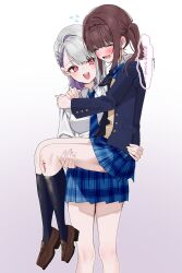 2girls arms_around_neck black_socks blazer blood blood_on_leg blue_bow blue_bowtie blue_jacket blue_necktie blue_skirt blush bow bowtie breasts brown_hair brown_shoes carrying carrying_person chinese_commentary closed_eyes collared_shirt colored_inner_hair commentary_request diagonal-striped_bow diagonal-striped_bowtie diagonal-striped_clothes diagonal-striped_necktie feet_out_of_frame full_body jacket kneehighs large_breasts loafers long_hair long_sidelocks long_sleeves lower_teeth_only miniskirt multicolored_hair multiple_girls necktie open_mouth original plaid_clothes plaid_skirt pleated_skirt purple_hair raised_inner_eyebrows red_eyes school_uniform shirt shoes sidelocks skirt smile socks speech_bubble standing striped_clothes sweater teeth translation_request twintails white_hair white_shirt wing_collar yellow_sweater yuri yuuyu_(moco20111115)