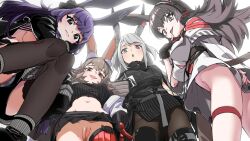 4girls animal_ear_fluff april_(arknights) arknights backlighting black_gloves black_hair black_pantyhose black_shorts black_skirt black_thighhighs blush breasts caper_(arknights) censored closed_mouth crop_top cropped_sweater dress ear_tag finger_to_mouth fingerless_gloves from_below gloves grey_hair grey_panties long_hair looking_down midriff mole mole_on_thigh mosaic_censoring multiple_girls navel no_panties panties pantyhose pinstripe_pattern pinstripe_skirt purple_eyes purple_hair pussy rabbit_ears red_gloves ribbed_sweater rope_(arknights) savage_(arknights) seto_tinami short_shorts shorts simple_background single_glove skirt socks sweater thigh_strap thighhighs two_side_up underwear upshorts upskirt webp-to-png_conversion white_background