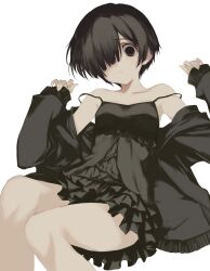 1girl black_camisole black_cardigan black_eyes black_hair black_skirt camisole cardigan closed_mouth cowboy_shot expressionless frilled_skirt frills hair_over_one_eye highres looking_at_viewer miniskirt numata_eki off_shoulder one_eye_covered original short_hair simple_background sitting skirt sleeves_past_wrists solo spaghetti_strap white_background