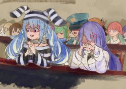 3: 6+girls anger_vein animal_ears braid court dated hat hololive hololive_english hololive_indonesia inugami_korone meiyoshima moona_hoshinova multiple_girls own_hands_clasped own_hands_together pekomon_(usada_pekora) police_hat prison_clothes purple_hair rabbit_ears sakura_miko signature sleeping smol_ame snoring twin_braids uruha_rushia usada_pekora usada_pekora_(prisoner) virtual_youtuber watercolor_effect watson_amelia