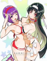 2girls alternate_costume asamiya_athena ass astra_yao beads bikini black_hair character_request commission earrings hairband highres jewelry long_hair multiple_girls one_eye_closed open_mouth purple_eyes purple_hair red_bikini red_eyes smile snk sumustard swimsuit thigh_beads uneven_bangs white_bikini white_hairband zenless_zone_zero