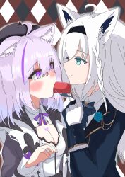 2girls absurdres ahoge animal_ear_fluff animal_ears ascot black_hairband blue_ascot blue_flower blue_jacket blue_rose blush braid breasts cat_ears cat_girl cleavage commentary_request feeding flower food food_in_mouth fork fox_ears fox_girl gloves green_eyes hair_between_eyes hairband highres holding holding_fork hololive jacket long_hair looking_at_another medium_breasts multicolored_hair multiple_girls nekomata_okayu nekomata_okayu_(wonderland) purple_eyes purple_hair rose sausage shirakami_fubuki shirakami_fubuki_(aristocrat_kei) shirt sidelocks single_braid smile streaked_hair takaramonomatsu virtual_youtuber white_gloves white_hair white_shirt
