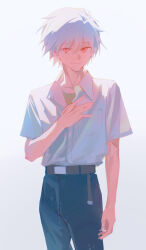 1boy absurdres belt breast_pocket collared_shirt commentary english_commentary highres ka101 nagisa_kaworu neon_genesis_evangelion pocket red_eyes shirt short_hair solo white_hair white_shirt
