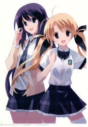 2girls absurdres antenna_hair aoi_sena blonde_hair bow bowtie breasts brown_jacket buttons chaos;head collared_shirt ears_visible_through_hair frilled_skirt frills hair_between_eyes hand_in_own_hair happy highres holding holding_own_hair jacket long_hair long_sidelocks long_sleeves looking_at_viewer medium_breasts multiple_girls necktie non-web_source open_mouth original orihara_kozue petticoat plaid_bow plaid_bowtie plaid_clothes plaid_necktie plaid_skirt plaid_sleeves purple_eyes purple_hair red_eyes sasaki_mutsumi school_emblem school_uniform shirt short_sleeves sidelocks simple_background skirt small_breasts smile suimei_academy suimei_school_uniform teeth thick_thighs thighhighs thighs tongue twintails upper_teeth_only very_long_hair white_background white_petticoat white_shirt white_thighhighs