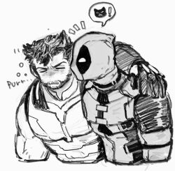 2boys arm_around_shoulder bara blush bodysuit cat closed_eyes commentary deadpool deadpool_&amp;_wolverine deadpool_(series) dishing drunk facial_hair gloves greyscale looking_at_another male_focus marvel mature_male monochrome multiple_boys muscular muscular_male open_mouth purring short_hair spoken_animal superhero_costume symbol-only_commentary two-tone_bodysuit wolverine_(x-men) x-men yaoi