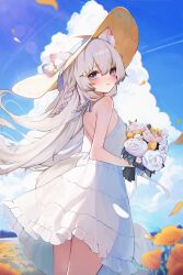 Rule 34 | 1girl, absurdres, animal ear fluff, animal ears, backless dress, backless outfit, bare shoulders, blue eyes, blue sky, bouquet, braid, cat ears, cat girl, cat tail, clothing cutout, commentary, cweamcat, day, double-parted bangs, dress, ears through headwear, english commentary, floating hair, flower, from behind, grey hair, hair ornament, hairclip, halterneck, hat, hat ribbon, highres, holding, holding bouquet, indie virtual youtuber, koahri, light blush, long hair, looking at viewer, outdoors, ribbon, second-party source, see-through clothes, see-through dress, side braid, sidelocks, sky, solo, straw hat, sundress, tail, tail through clothes, tears, very long hair, virtual youtuber, white dress, wind, wind lift