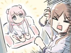 &gt;_&lt; 2girls animal_ears bang_dream! bang_dream!_it&#039;s_mygo!!!!! brown_hair chihaya_anon closed_eyes closed_mouth commentary_request dog_ears dog_girl grey_eyes hood hooded_jacket jacket kemonomimi_mode long_hair long_sleeves lyy multiple_girls nagasaki_soyo open_mouth pajamas pink_hair seiza sidelocks sitting white_jacket