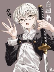 1girl absurdres black_shrug endo_yohane grey_eyes highres kagurabachi long_sleeves looking_at_viewer ootachi open_mouth semi-rimless_eyewear shirakai_kiri shirt short_hair shrug_(clothing) solo waving white_hair