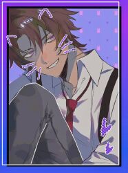 Rule 34 | brown hair, collared shirt, dark-skinned male, dark skin, drawn ears, drawn whiskers, facial scar, grey pants, grin, heathcliff (project moon), highres, limbus company, male focus, miriot 04, necktie, pants, project moon, purple background, purple eyes, red necktie, scar, scar on cheek, scar on face, scar on neck, shirt, short hair, smile, white shirt