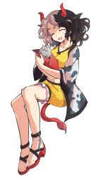1girl alphes_(style) animal_ears animal_print artistic_error black_hair closed_mouth collarbone commentary_request cow_ears cow_girl cow_horns cow_print dairi full_body greek_toe horns large_variant_set looking_at_viewer midriff multicolored_hair navel parody red_eyes red_horns red_tail sandals short_hair smile solo split-color_hair style_parody tachi-e toes touhou transparent_background two-tone_hair ushizaki_urumi variant_set white_hair wrong_foot