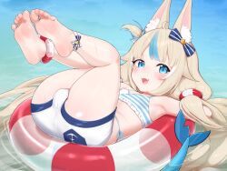 Rule 34 | 1girl, :3, absurdres, animal ear fluff, animal ears, anklet, barefoot, bikini, blonde hair, blue bikini, blue eyes, blue hair, breasts, bulge, cat ears, commentary, fang, feet, fins, fish girl, fish tail, foot focus, foreshortening, full body, goki buri, highres, indie virtual youtuber, innertube, jewelry, lifebuoy hair ornament, long hair, low twintails, lying, multicolored hair, on back, open mouth, sameko saba, short shorts, shorts, small breasts, soles, solo, streaked hair, striped bikini, striped clothes, swim ring, swimsuit, tail, toes, twintails, white shorts