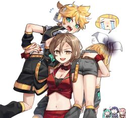 2boys 4girls ahoge anger_vein angry annoyed aqua_hair black_sailor_collar black_shorts black_sleeves blonde_hair blue_hair bow brother_and_sister brown_eyes brown_hair carrying carrying_over_shoulder carrying_person chibi choker closed_eyes collared_jacket crop_top crying crying_with_eyes_open detached_sleeves flying_sweatdrops green_eyes grey_sailor_collar grey_shorts grey_sleeves hair_ornament hairclip hatsune_miku headphones headset highres jacket kagamine_len kagamine_rin kaito_(vocaloid) leg_warmers megurine_luka meiko_(vocaloid) messy_hair monoeri_asdf multiple_boys multiple_girls navel open_mouth panicking pink_hair ponytail red_choker red_jacket red_nails sailor_collar sailor_shirt shirt short_hair short_ponytail short_sleeves shorts siblings sleeveless sleeveless_shirt speech_bubble streaming_tears strong sweatdrop t_t tearing_up tears triangle_mouth twins vocaloid wrist_cuffs yellow_nails zipper