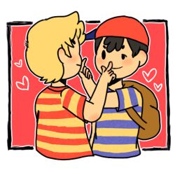 2boys artist_request bad_tag black_hair child hat lucas_(mother_3) male_focus mother_(series) mother_2 mother_3 multiple_boys ness_(mother_2) nintendo shirt source_request striped_clothes striped_shirt super_smash_bros.