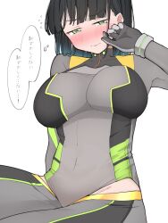 Rule 34 | 1girl, black hair, blue hair, blunt bangs, blush, bob cut, bodysuit, breasts, commentary, cosplay, covered collarbone, covered navel, embarrassed, flying sweatdrops, gradient hair, green eyes, grey bodysuit, half-closed eyes, highres, hip vent, large breasts, link! like! love live!, liz (piyoko piyop), long sleeves, looking at viewer, love live!, momose ginko, multicolored hair, official alternate costume, official alternate hair color, short hair, simple background, sitting, sketch, skin tight, solo, speech bubble, symbol-only commentary, thought bubble, translation request, virtual youtuber, white background