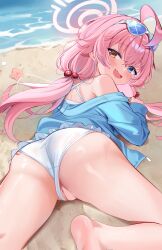 1girl ahoge ass beach bikini blue-tinted_eyewear blue_archive blue_eyes blue_jacket chocola_vt eyewear_on_head fang frilled_bikini frills hair_bobbles hair_ornament halo heterochromia highres hoshino_(blue_archive) hoshino_(swimsuit)_(blue_archive) jacket loli long_hair looking_at_viewer low_twintails official_alternate_costume open_mouth outdoors pink_hair pink_halo pussy pussy_peek sand shore skin_fang solo starfish sunglasses swimsuit teasing tinted_eyewear twintails water white-framed_eyewear white_bikini yellow_eyes