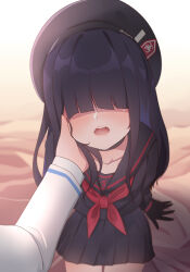 1girl arm_support beret black_choker black_gloves black_hair black_headwear black_sailor_collar black_shirt black_skirt blue_archive blunt_bangs blush choker commentary dutch_angle faceless faceless_female from_above gloves hair_over_eyes hand_on_another&#039;s_cheek hand_on_another&#039;s_face hat highres justice_task_force_member_(blue_archive) on_bed open_mouth pov pov_hands sailor_collar school_uniform serafuku shirt sitting skirt snkagawa solo_focus