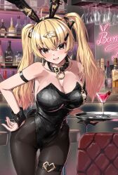 1girl alcohol animal_ears bar_(place) bare_shoulders black_pantyhose blonde_hair bottle breasts cleavage commentary_request fake_animal_ears highres large_breasts leotard long_hair looking_at_viewer open_mouth original pantyhose playboy_bunny rabbit_ears smile solo standing takanashi_kei_(hitsujikan)
