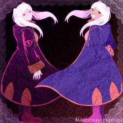 Rule 34 | 2girls, arms behind back, artist name, coat, commentary, dual persona, english commentary, female robin (fire emblem), female robin (grima) (fire emblem), fire emblem, fire emblem awakening, from behind, full body, highres, looking at viewer, looking back, luzzychuus, multiple girls, nintendo, possessed, purple coat, red eyes, smile, standing, twintails, white hair