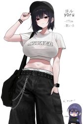 2girls bag baseball_cap biya_(1024) black_bra black_hair black_hat blunt_ends bra bra_visible_through_clothes bracelet calvin_klein casual character_name commentary cropped_shirt fingernails hand_in_pocket hat height highres jewelry looking_at_another looking_at_viewer multiple_girls nail_polish navel original purple_hair see-through_clothes see-through_shirt shaded_face shirt short_hair short_sleeves shoulder_bag simple_background smartwatch stomach streetwear underwear watch white_background white_shirt wristwatch yuna_(biya_(1024))