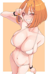 1girl alice_margatroid bikini blush bob_cut breasts cleavage cookie_(touhou) cowboy_shot fingernails grin hair_intakes highres hinase_(cookie) large_breasts looking_at_viewer navel orange_background orange_eyes orange_hair orange_nails pyukasshori short_hair smile solo swimsuit touhou two-tone_background white_background white_bikini wristband