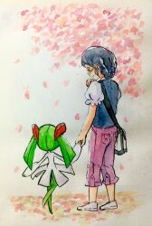 2girls black_hair colored_skin floral_background gen_3_pokemon green_hair green_skin highres holding_hands horns kirlia multicolored_skin multiple_girls nintendo painting_(medium) pants pink_pants pink_petals pokemon pokemon_(creature) shoes sidelocks sssiwako traditional_media two-tone_skin watercolor_(medium) white_shoes white_skin