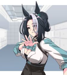 1girl animal_ears blurry blurry_background cleavage_cutout clothing_cutout horse_ears indoors jamiroquai looking_at_viewer mejiro_ramonu_(umamusume) meme mole mole_under_eye multicolored_hair parody pose_imitation solo two-tone_hair umamusume upper_body wakoudo