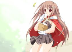 1girl 2000s_(style) bad_id bag breasts brown_dress brown_hair cape cleavage commentary_request cowboy_shot creator_(ragnarok_online) dress eating food gloves green_background hair_ornament large_breasts long_hair looking_at_viewer notice_lines panties paper_bag ragnarok_online red_cape red_eyes short_dress solo steamed_bun strapless strapless_dress tokita underwear white_gloves white_panties x_hair_ornament